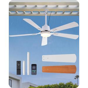 EDISHINE 52" Outdoor Ceiling Fan with Light, IP66 Waterproof Gazebo Hanging Fan, 5200 CFM, 3CCT, APP/Remote Control, 5 Wood Blade, 6-Speed Winds, Plug in Ceiling Fans for Patios Porch Pergola, White