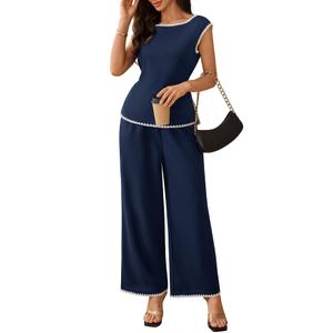 BeryLove 2 Piece Sets for Women Casual Short Sleeve Summer Tops and High Rise Wide Leg Pants Lounge Sets Navy-L
