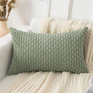 UGASA Soft Corduroy Decorative Pillow Cover 12x20 Inch Boho Striped Oblong Throw Pillow Cover Modern Home Decor for Sofa Living Room Couch Bed Sage Green, 1 Piece