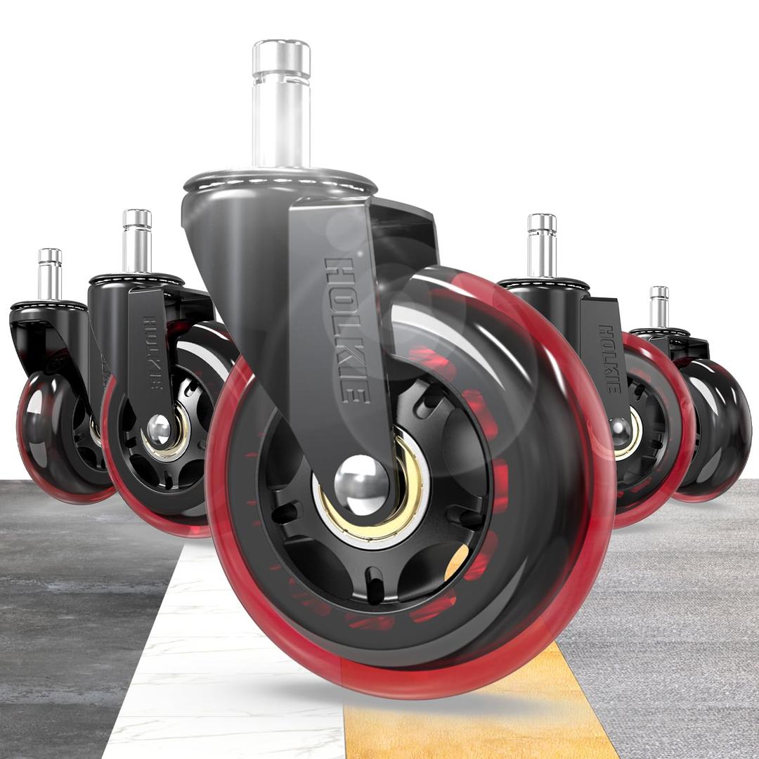 HOLKIE Gaming Chair Wheels - Silent Roller Blade Casters for Esports Rig Replacement - Heavy Duty 11x22mm - Smooth 360 Stealth Glide for Hardwood & Carpet - Set of 5 Red