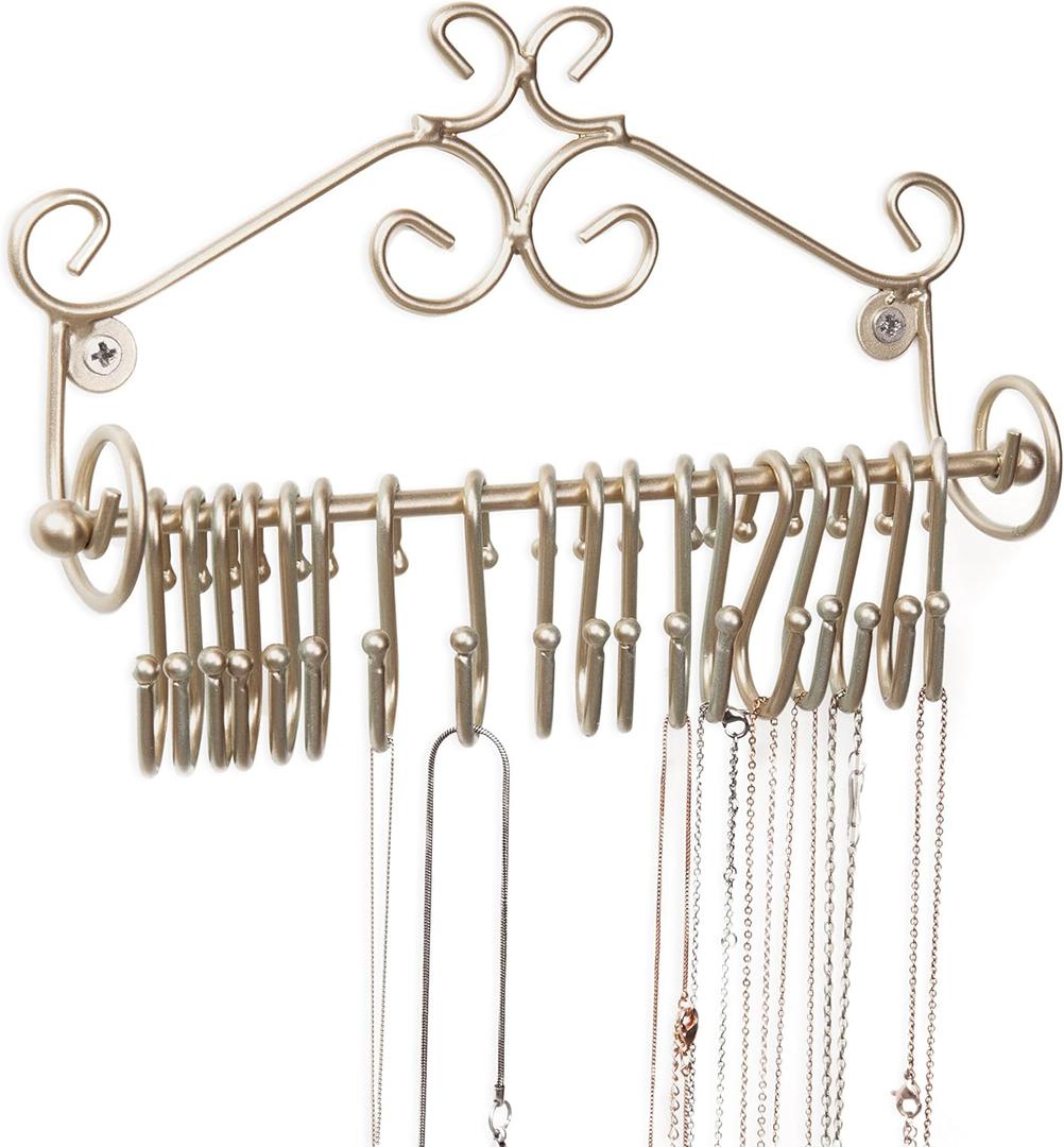 MyGift Jewelry Organizer - Wall Mounted Black Metal Scrollwork Design Necklace Holder Jewelry Display Storage Rack with 20 Hanging S-Hooks