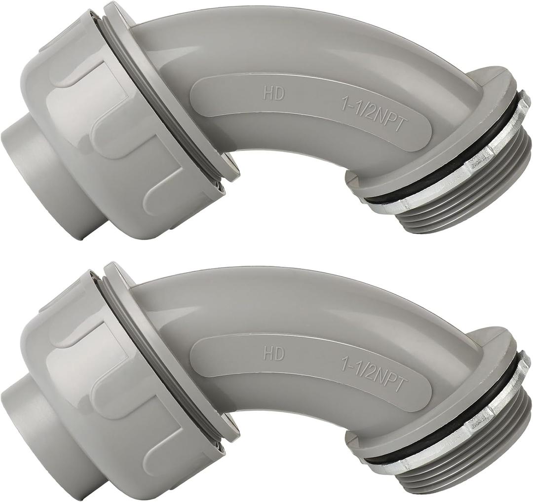 Conduit Connectors, 1-1/2 Inch Liquid Tight Connector NPT Non-Metallic for PVC Electrical Flexible Conduit Fittings, 90 Degree, UL Listed for Home Outdoor Tubes Tools, Grey (2-Pack)