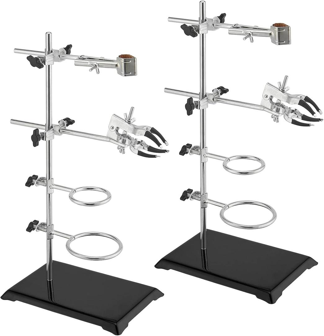 2 Pack 16 Inch Lab Stand Set,Laboratory Grade Stand Support Set with Coated Base, 4 Retort Rings, 2 Flask Clamp, 2 Burette Clamp