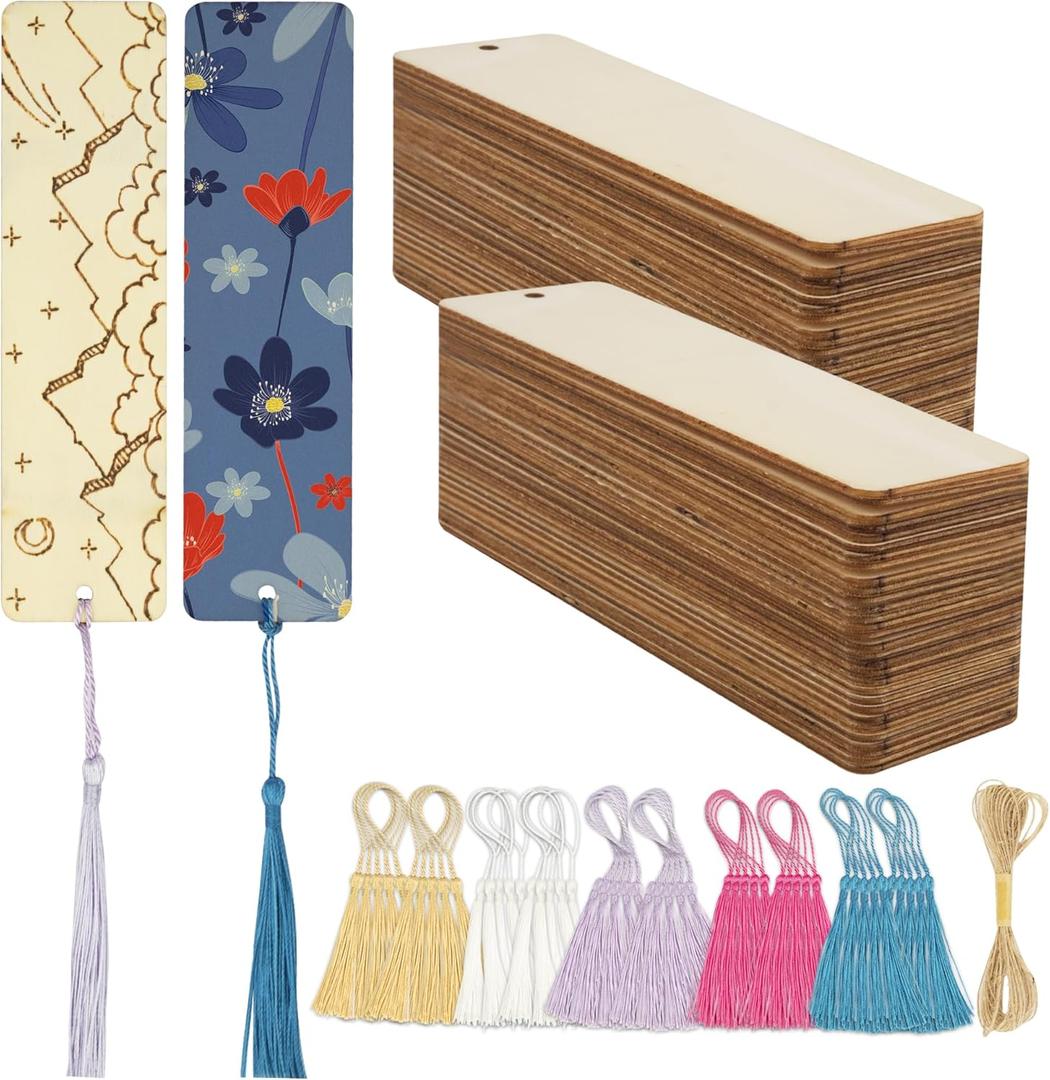 SWATOM Wood Bookmarks Blank DIY Wooden Bookmark Craft Bulk 50 PCS Unfinished Wood Tags Rectangle Shape Ornaments with Holes and Tassels for Wedding Party Birthday Decoration