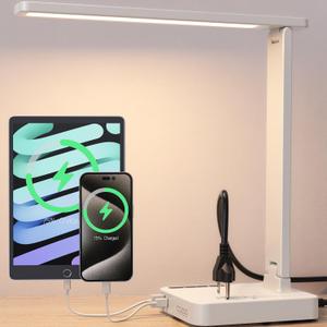 cozoo LED Desk Lamp with USB Charging Ports and Type C Port, 2 AC Outlets, 9 Lighting Modes, Touch/ Memory/ Timer Function, 10W Eye Protection Foldable Reading Light, Study Lamp, Dorm Essentials Desk Light