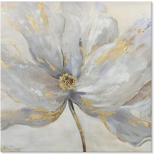 Goldfoilart Floral Wall Art Gold Flower Canvas Pictures with Foil Embellishment Painting Grey Print Framed Artwork for Bedroom Bathroom Living Room Office Wall Decor 24" x 24"