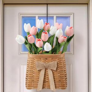 Spring Tulip Basket Wreaths for Front Door with 15 Artificial Tulip 19 Inch and Woven Floral Hanging Basket Pink White Flower Wreath for Spring Easter Wedding Rustic Farmhouse Window Porch Decor