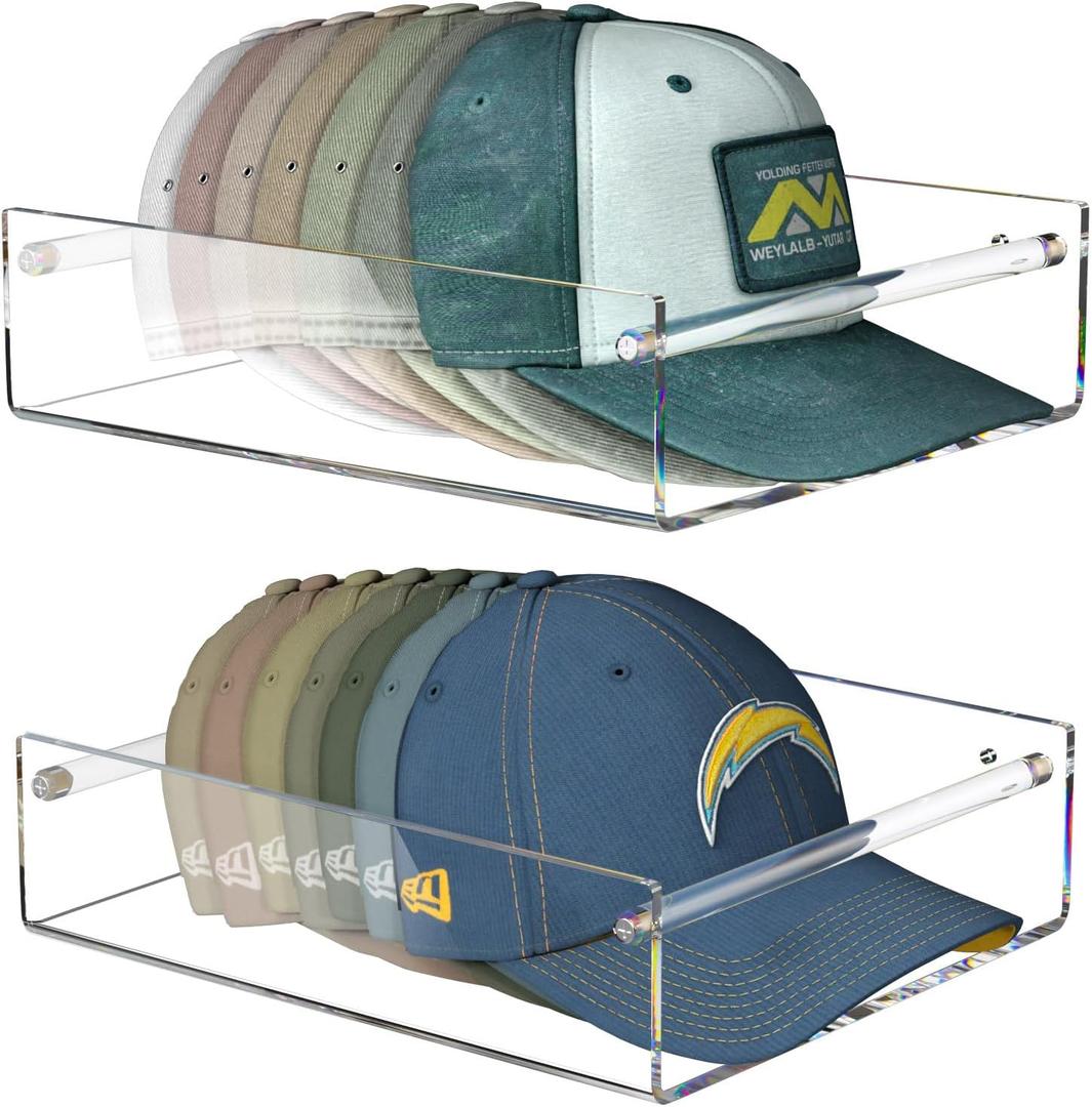 FEMELI 2 Packs Hat Organizer for Baseball, Each Acrylic Hat Racks Organizer Fit 10 Caps, Sturdy Wall Mount Holder for Men Baseball Cap Storage (Clear)