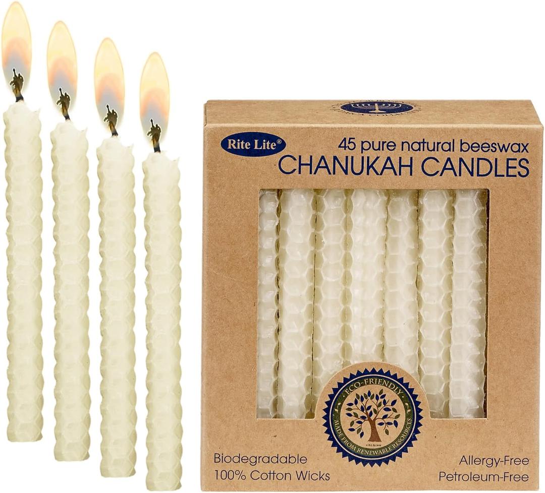 Rite Lite Judaica Hand Rolled Honeycomb Beeswax Hanukkah Candles, 45 Count Chanukah Menorah Gifts, Jewish Holiday Party Favors Candleholder (Natural)