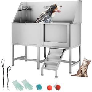 50" Pet Dog Bathing Station, Stainless Steel Dog Bathtub W/Ramp, Floor Grate, Dog Bath Brush, Washing Gloves for Home, Professional Dog Washing Station for Pets (50 Inch Left Door)
