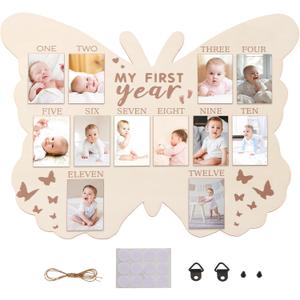 My First Year Photo Display Sign from 1-12 Months Butterfly Picture Frame for First Birthday Party Decorations Milestone Monthly Wooden Board for Baby One Birthday Nursery Decor Baby Keepsake Gift