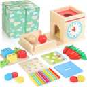 Kizfarm Wooden Montessori Baby Toys, 8-in-1 Wooden Play Kit Includes Object Permanent Box, Coin Box, Carrot Harvest, Shape Sorting & Stacking - Christmas Birthday Gift for Boys Girls Toddlers