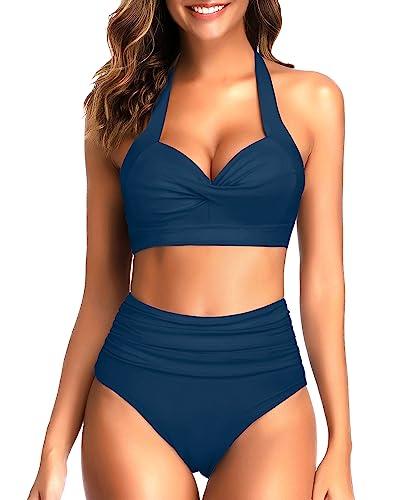 Tempt Me Women's Vintage Swimsuits Deep Indigo Blue Retro Halter Ruched High Waist Bikini with Bottom XL