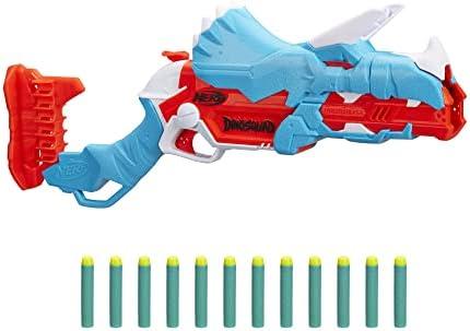 Nerf DinoSquad Tricera-Blast Dart Blaster, 12 Nerf Elite Darts, Kids Outdoor Toys, Dinosaur Toys for 8 Year Old Boys and Girls and Up, Triceratops Design