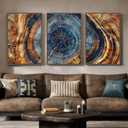 3 Piece Large Framed Colorful Tree Ring Wall Art for Living Room, Vintage Farmhouse Wood Stump Canvas Artwork for Walls, Abstract Rustic Nature Blue Brown Painting Print for Bedroom Hallway 24x36 Inch