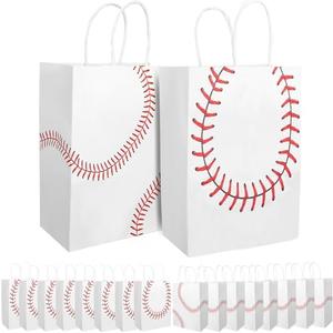 16pcs Baseball Party Gift Bags, 2 Styles Kraft Paper Double-Sided Baseball Snack Goodie Treat Bags with Handle for Sports Themed Birthday Party Supplies