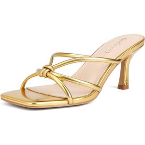 Kitten Strappy Heels for Women Knotted Square Open Toe Slip On Mule Heels Mid Heeled Sandals (8.5, Gold)
