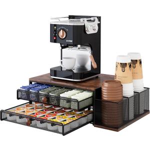 Coffee Pod Organizer 60 Capacity 2 Tier Drawer Storage for Pods Countertop Coffee Bar Station Accessories with Disposable Cup & Lid Holder, Black