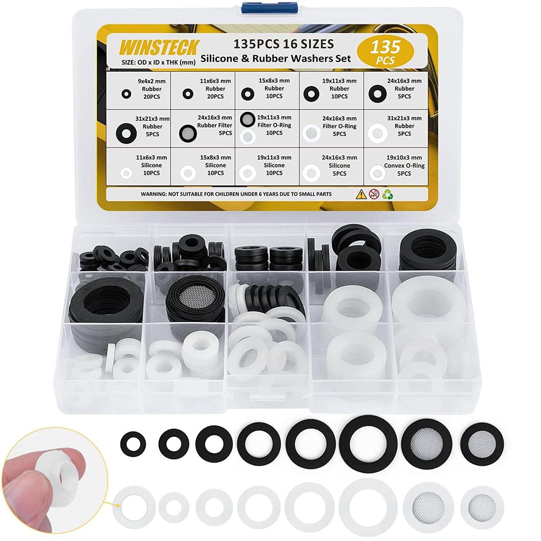 Rubber & Silicone Gasket Washers Kit - 135 PCS, 16 Sizes, Garden Hose Washer with Screen Filter for Seals Repair & Shower Hose/Faucet/Shower Head