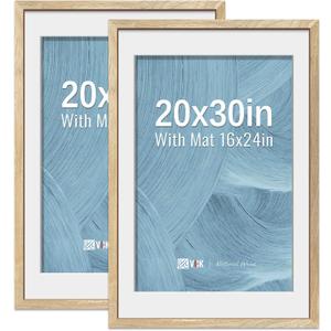 VCK 20x30 Poster Frame 2 Pack - Natural Wood Grain, High-End Wood Picture Frames with Polished Plexiglass, Display 16x24 Photo with Mat or 20x30 without Mat, Art Gallery-Quality, Wall Hanging, Natural