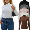 5 Piece Women's T-Shirts Turtleneck Long Sleeve Tops High Neck Fitted Layering Warm Base Fall Winter Basic Tees (Medium)