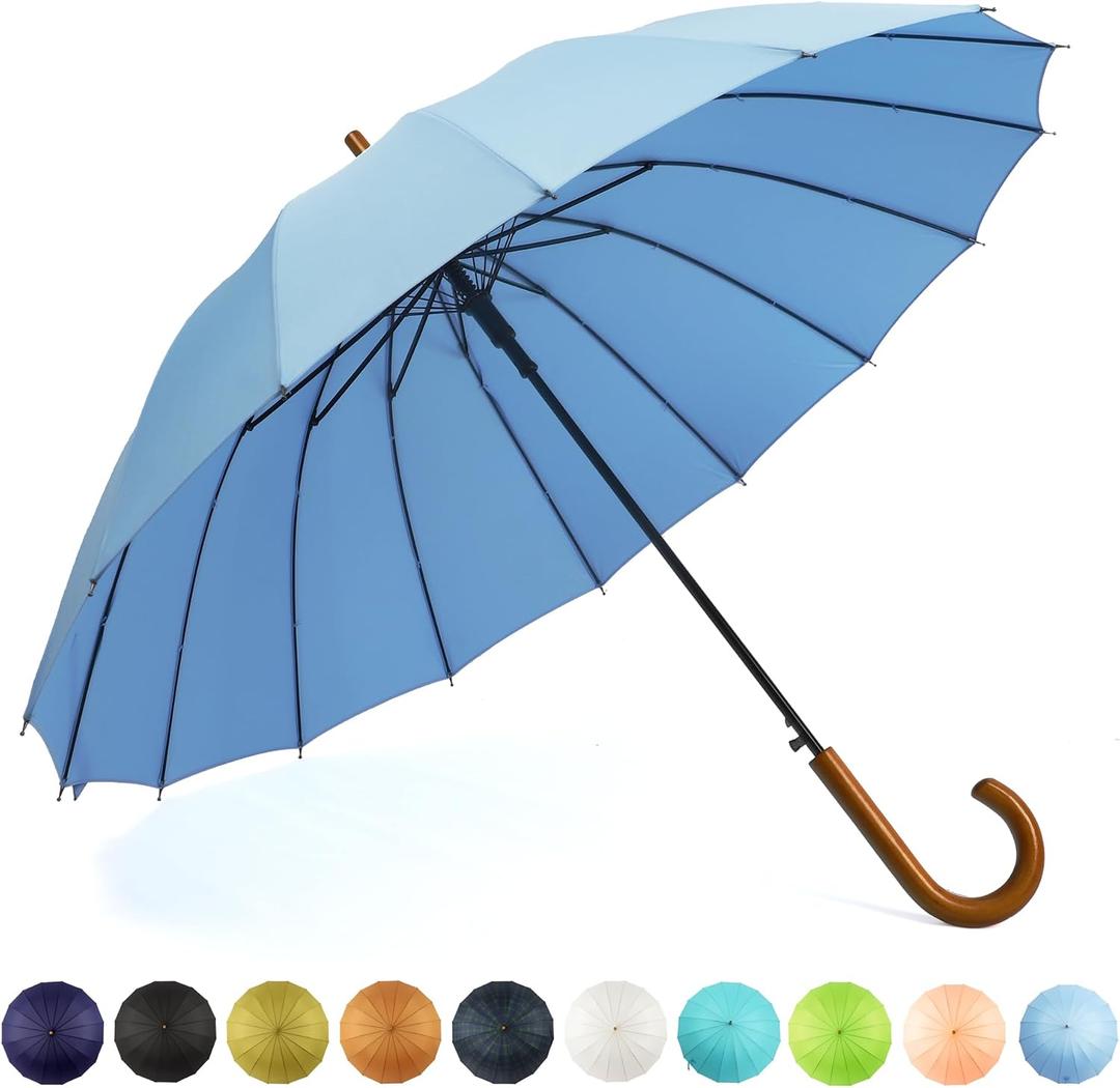 SoulRain 16 Ribs 48" Stick Umbrella Auto Open Solid Color Fashionable and SimpleArc Classic Wood HandleWindproof Unbreakable Stick Rain Umbrella