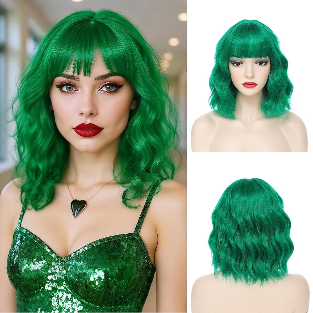 Short Green Wavy Wigs with Bangs Green Bob Wig for Women 12 Inch Colored Wig Synthetic Fiber Hair Wigs for Halloween St. Patrick's Use
