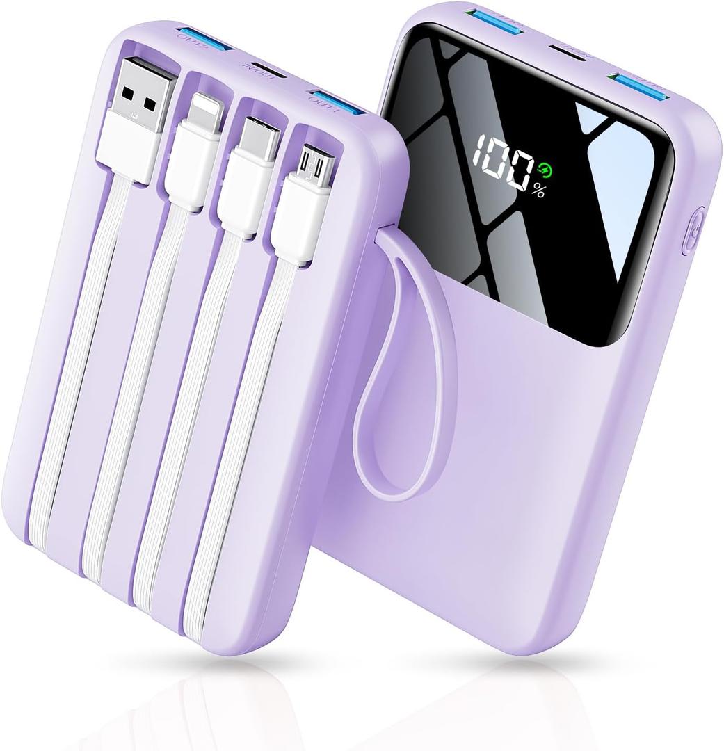 Power Bank, 15000mAh Portable Charger with Built in Cable, 22.5W Fast Charging, 6 Outputs, Slim Travel Essential Battery Pack with LED Display, Compatible with iPhone 17/16/15/14/13, iPad Purple