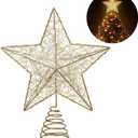 Cabilock Christmas Star Tree Topper, 9.8in Golden LED Lights Hollow Star Tree Topper, Battery Power 3D Xmas Glitter Ornaments for Christmas New Year Holiday Decoration