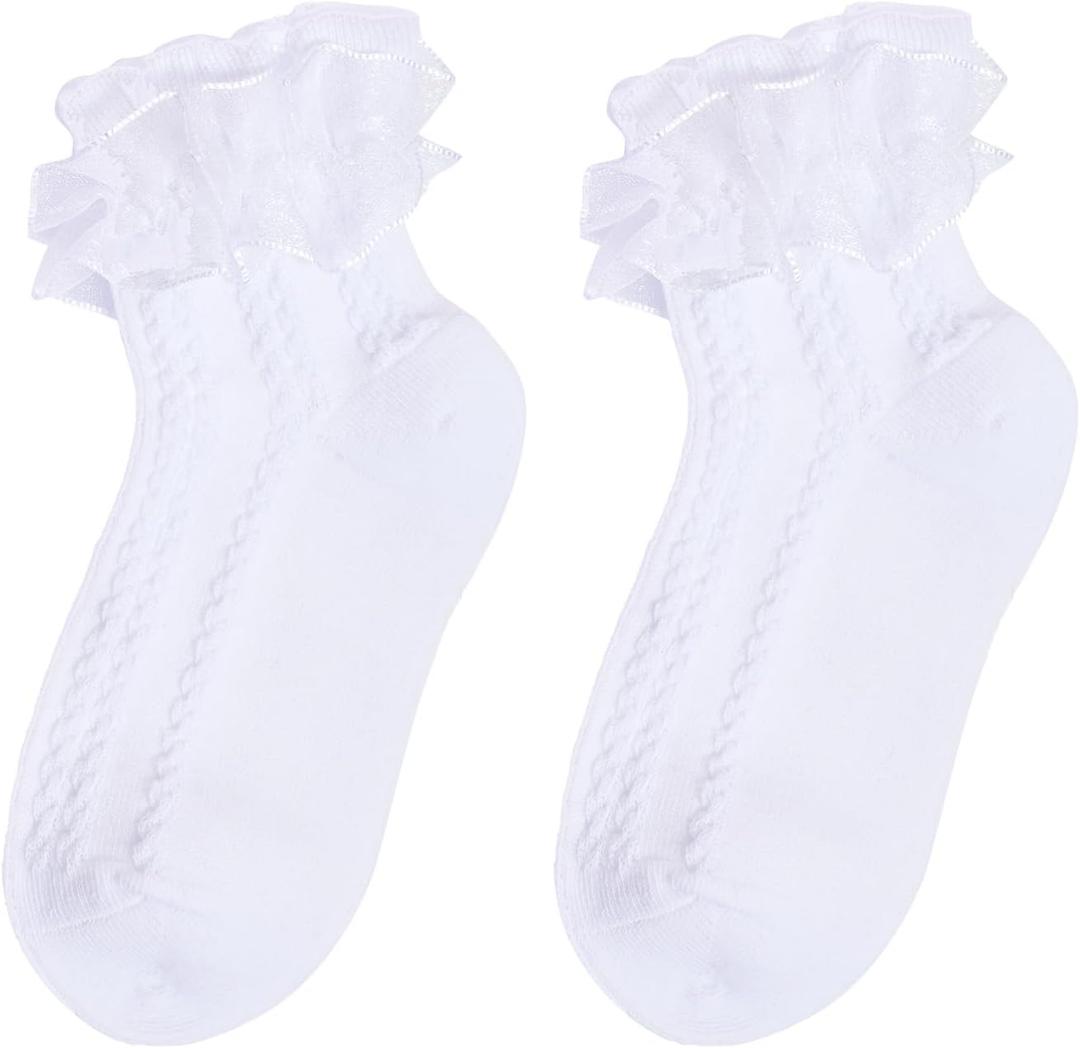 1 Pack Girls White Ruffle Socks, Comfortable Cotton Frilly Princess Style Dress Socks (White)