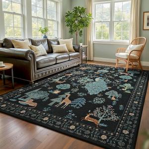 junovo 5X8 Jungle Animal Print Area Rug for Living Room, Washable Non-Slip Bedroom Rugs, Soft Low Pile Peacock Floral Carpet for Dining Room Playroom Nursery (Black)