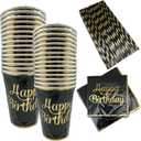 Oojami 180-Piece Happy Birthday Party Supplies Set  Serves 30 Guests with 9" Dinner Plates, 7" Dessert Plates, 12 oz Cups, and 3-Ply Napkins  Gold Foil Disposable Tableware Party Pack
