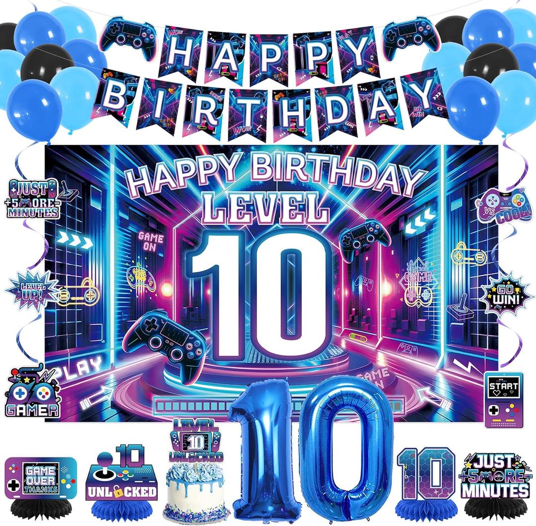 Vlipoeasn Video Game 10th Birthday Decorations for Boys, Purple and Blue Level 10 Banner Backdrop Honeycomb Centerpieces Hanging Swirls for 10th Birthday Party, Gamer 10 Years Old Party Supplies