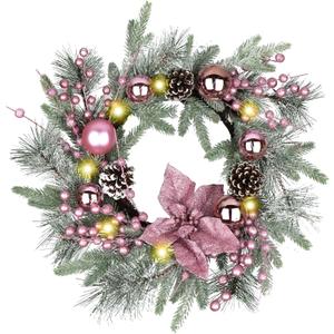 20" Christmas Wreaths for Front Door, Artificial Christmas Wreath Decoration with Lights, Winter Wreaths with Pine Cones,Bow,Balls Ornaments for Indoor Outdoor Home Decor (Pink)