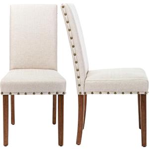Parsons Kitchen Dining Chair Set Room Modern Upholstered Stylish Fabric High Back with Bronze Nailhead Trim (Set of 2, Cream)