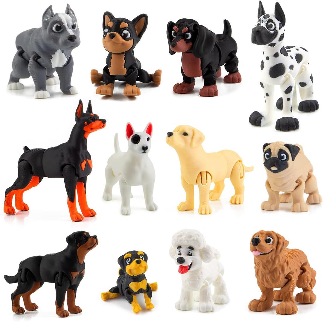 12PCS 3D Printed Dog Figurines, 3D Printed Animal Detailed Realistic Articulated Puppy Dogs Animals Toy for Kids Toddlers Fidget Toy Dog Cake Topper Party Favors Christmas Birthday Gift