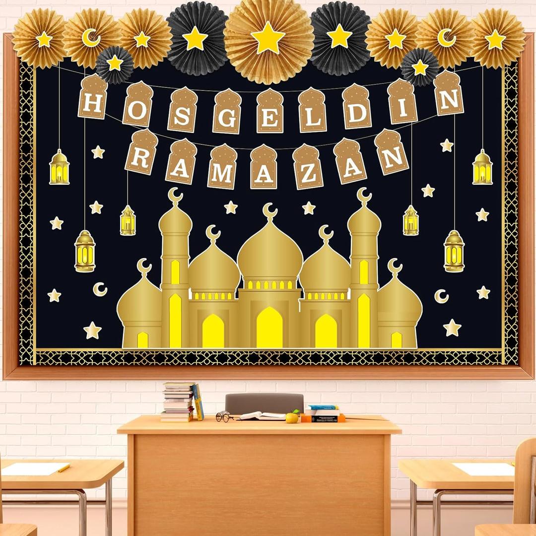 Gilprop Ramadan Bulletin Board Decorations Set Hosgeldin Ramadan Classroom Decor with 3D Paper Fans Black Gold Mosque Eid Moon Star Lantern Cutouts for Wall Door Muslim Holiday Mubarak Eid Display