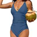 Charmo Tummy Control One Piece Swimsuits for Women Ruched Bathing Suits Strappy V Neck Monokini (Large, #1b Blue)