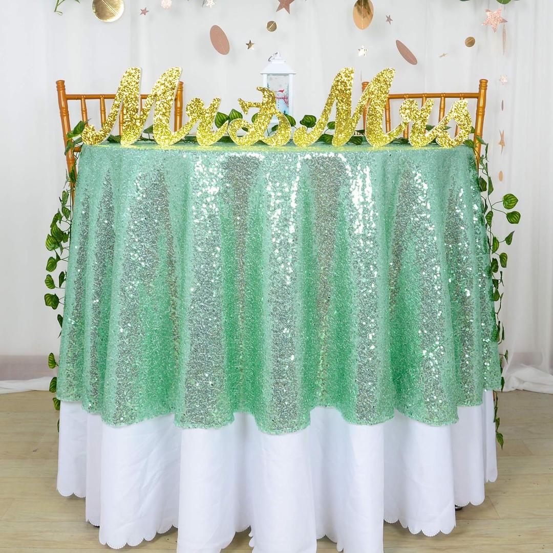 ShinyBeauty Round Sequin Tablecloth 72 Inch Mint Green Glitter Outdoor Holiday Table Cloth Mint for Birthday Shimmer Table Overlay for Wedding Banquet Event