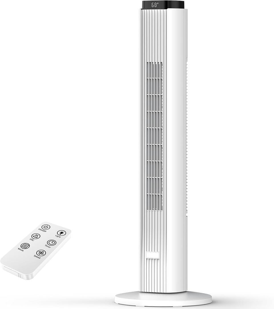 36 Inch Tower Fan for Bedroom, 23ft/s Velocity, Oscillating Standing Fans for Room with 6 Speeds, 4 Modes, LED Display, 12H Timer, 80° Bladeless Floor Fans with Remote, Living Room, Office, Home