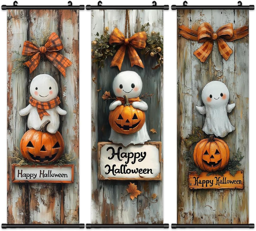 Pennimor 3Pcs Vintage Halloween Wall Art, Haunted Mansion Decor 15.8x47.2in Cute Ghost Pumpkin Wooden Horror Poster Porch Door Sign Welcome Banner Indoor Outdoor Wall Home Party Supplies