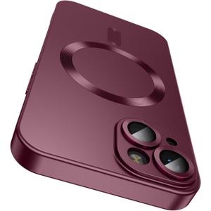 LEKEVO Magnetic for iPhone 14 Case [Compatible with MagSafe][Built-in Camera Lens Protector] Slim Soft Silicone Bumper Shockproof Metallic Luster Phone Case (Burgundy)