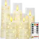 Raycare Flameless Candle with Remote Timer  5 Flickering Acrylic Battery Operated LED Pillar Candles with Embedded Star String for Halloween, Home Decor, and as a Gift(Ivory)