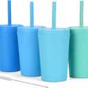 Homestockplus Reusable Wheat Straw Cups with Lid and Straws, 10 Oz Chip Resistant Drinking Cups, Small Water Cups with Silicone Straws - BPA Free Dishwasher Safe for Milk, Drinks, Smoothies (Blue Series)
