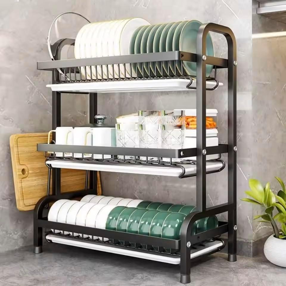 Dish Drying Rack, 3-Tier Space-Saving Dish Rack for Kitchen Counter, Metal Kitchen Organizers and Storage Rack, Large Capacity Dish Drainer, Black