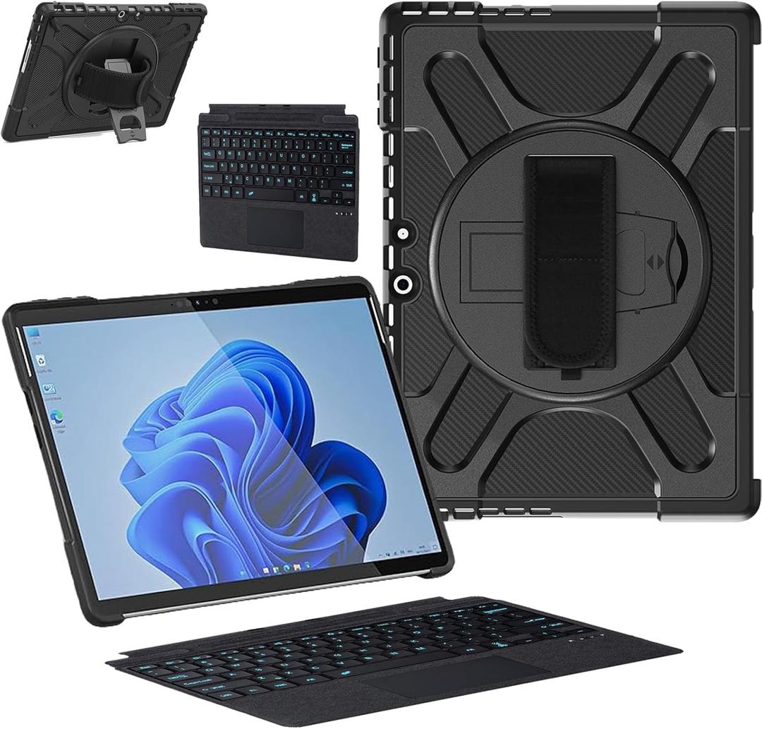 ZenRich Rugged Case with Keyboard for Surface Pro 9/10/11,Bluetooth Keyboard Case for Microsoft Surface Pro 11/10/9 with 360 Rotating Hand Strap & Stand