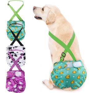 Avont 3 Pack Washable Female Dog Diaper with Suspender, Reusable Girl Doggie Diapers for Small Medium Large Doggy in Heat Cycle Period Incontinence (Green/White/Purple)