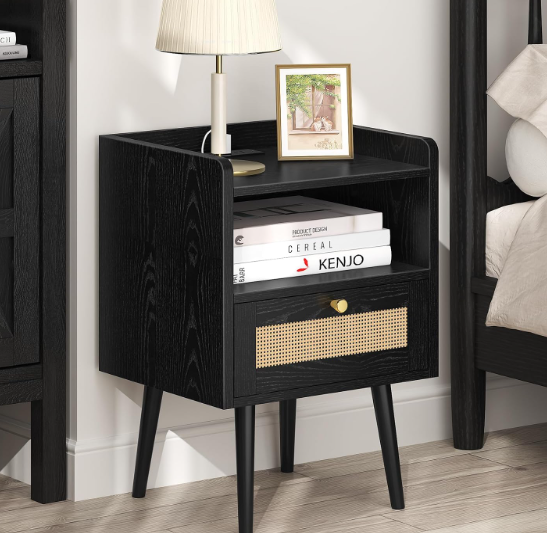 MECHYIN Nightstand with Charging Station & Rattan Decor Drawer, Boho Bedside End Table with Solid Wood Feet, Bed Side Table with Open Storage for Apartment Bedroom Living Room Dorm - Natural