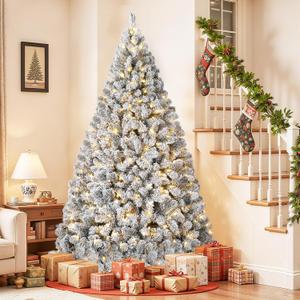 6 ft Christmas Tree, Christmas Decorations with 250 Lights, Pre-lit Artificial Christmas Tree with 710 Snowy White PVC Branches, Flodable Metal StandEasy Assembly (Flocking)