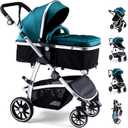 Hagaday Baby Stroller, 2-in-1 Reversible Toddler Seat with Bassinet Mode, Foldable Infant Stroller with Canopy, One Button Brake, Adjustable Handle, Newborn Pushchair(Blue)